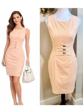 ANTONIO MELANI Corset Waist Orange/White Micro Stripe Sheath Career Dress Sz 0💚